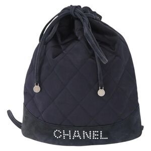 Chanel Vintage Drawstring Backpack Quilted Satin With Suede Navy Satin Backpack